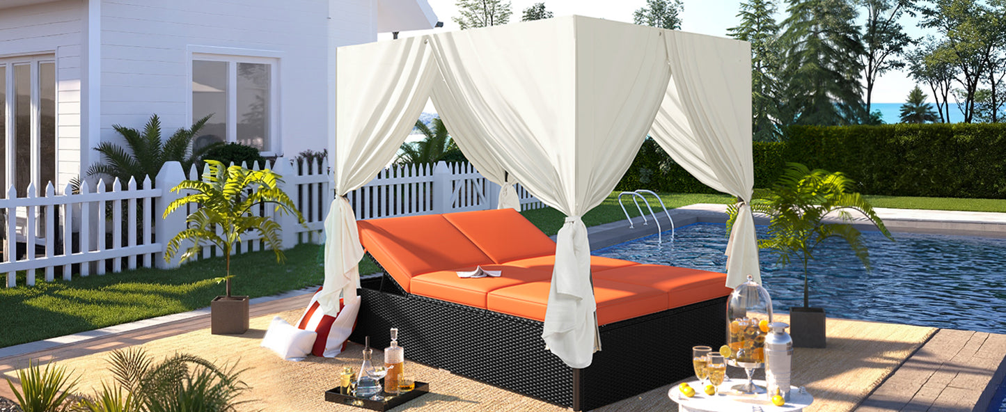 U_STYLE Outdoor Double Chaise Lounge Daybed with Curtains,Patio Outdoor Sunbed with Adjustable Backrest, Sturdy Steel Frame Loveseat Sofa for Backyard,Poolside, Terrace