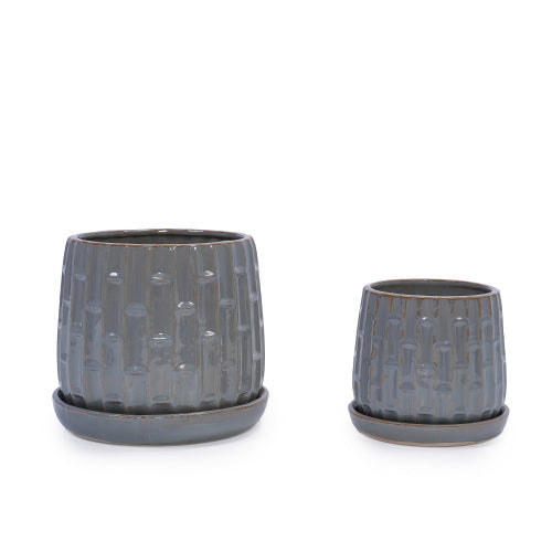 Set of 2) Antique Grey Ceramic Flowerpot, 7 in. Modern Planter for Patio, Garden, Windowsill