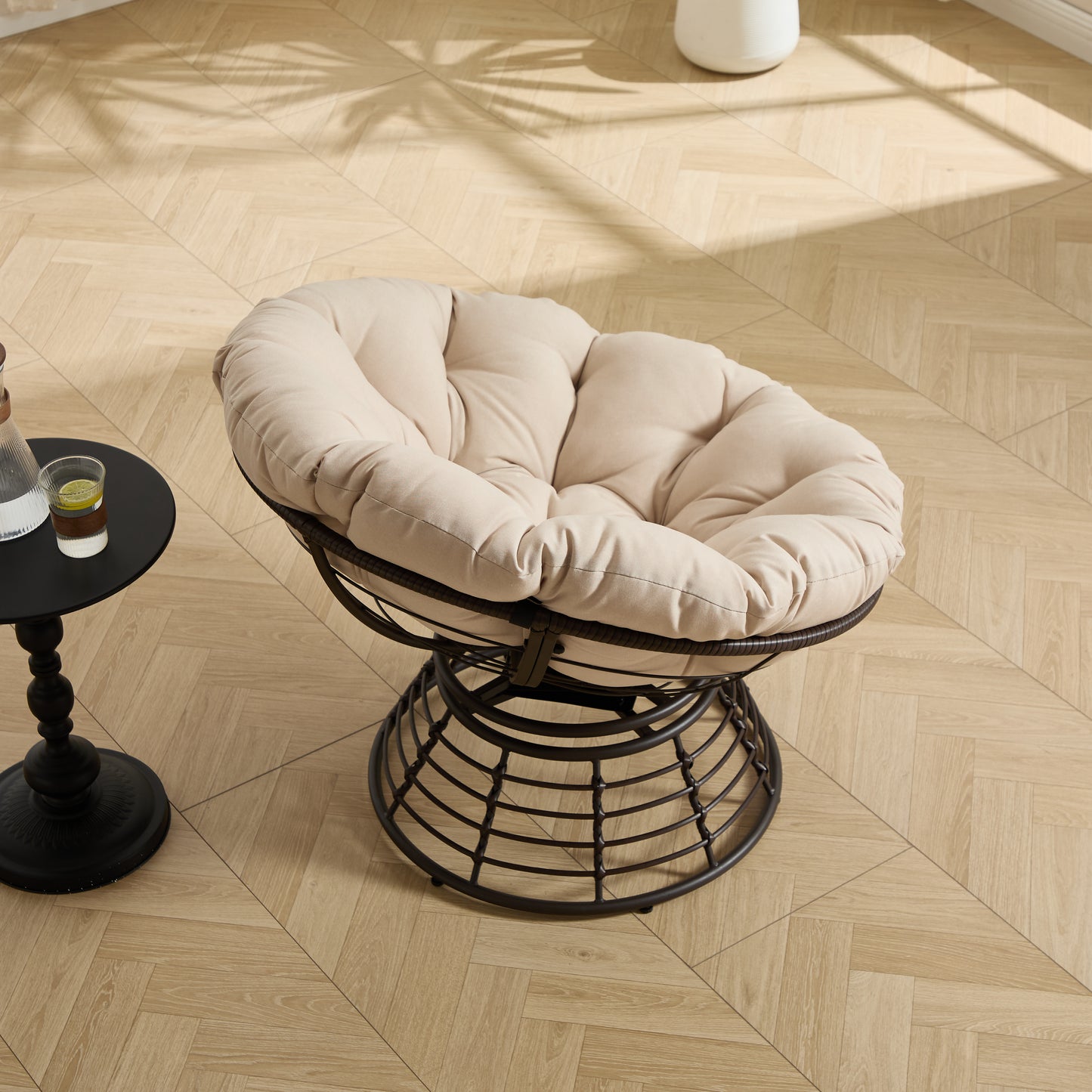 Comfortable Ergonomic Wicker Papasan Chair, 360° Swivel Indoor Outdoor Rattan Chair with Soft Thick Cushion, Ideal for Living Room, Bedroom, Reading Room, Brown Frame with Beige Cushion