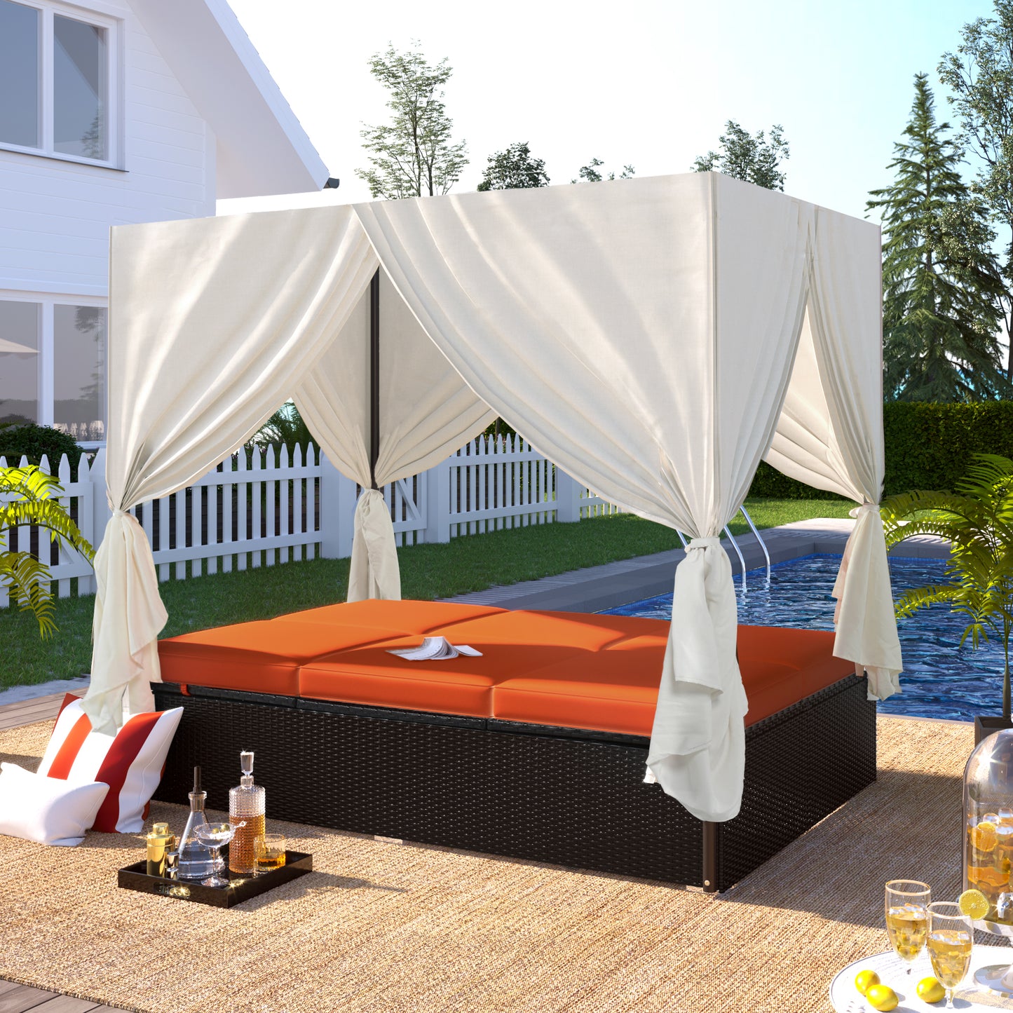 U_STYLE Outdoor Double Chaise Lounge Daybed with Curtains,Patio Outdoor Sunbed with Adjustable Backrest, Sturdy Steel Frame Loveseat Sofa for Backyard,Poolside, Terrace
