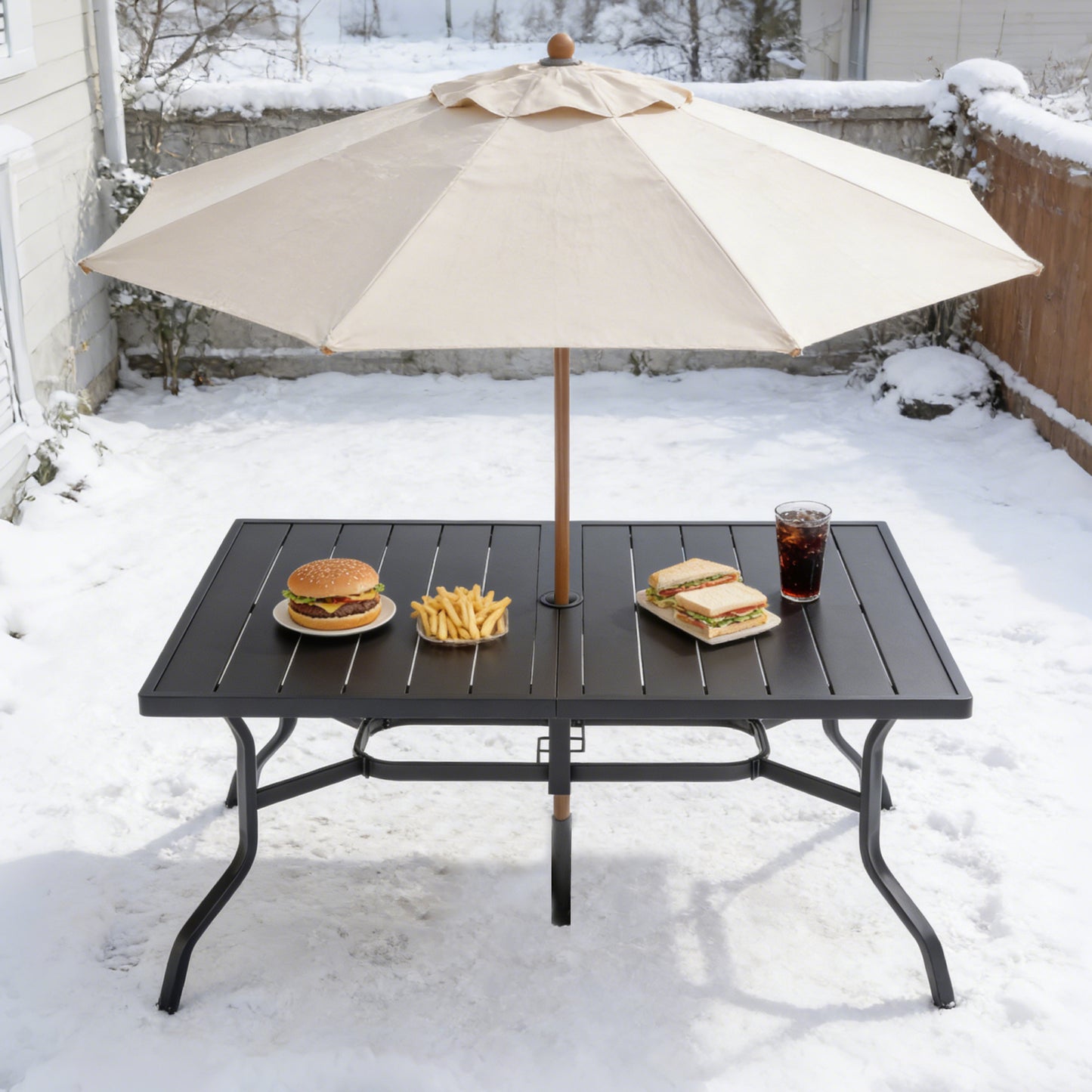 Outdoor Dining Table for 6, Powder-Coated Steel Slat Top with 2.16" Umbrella Hole, Anti-Slip Pads, E-Coating Frame, All-Weather Black Patio Table for Garden, Poolside, Backyard