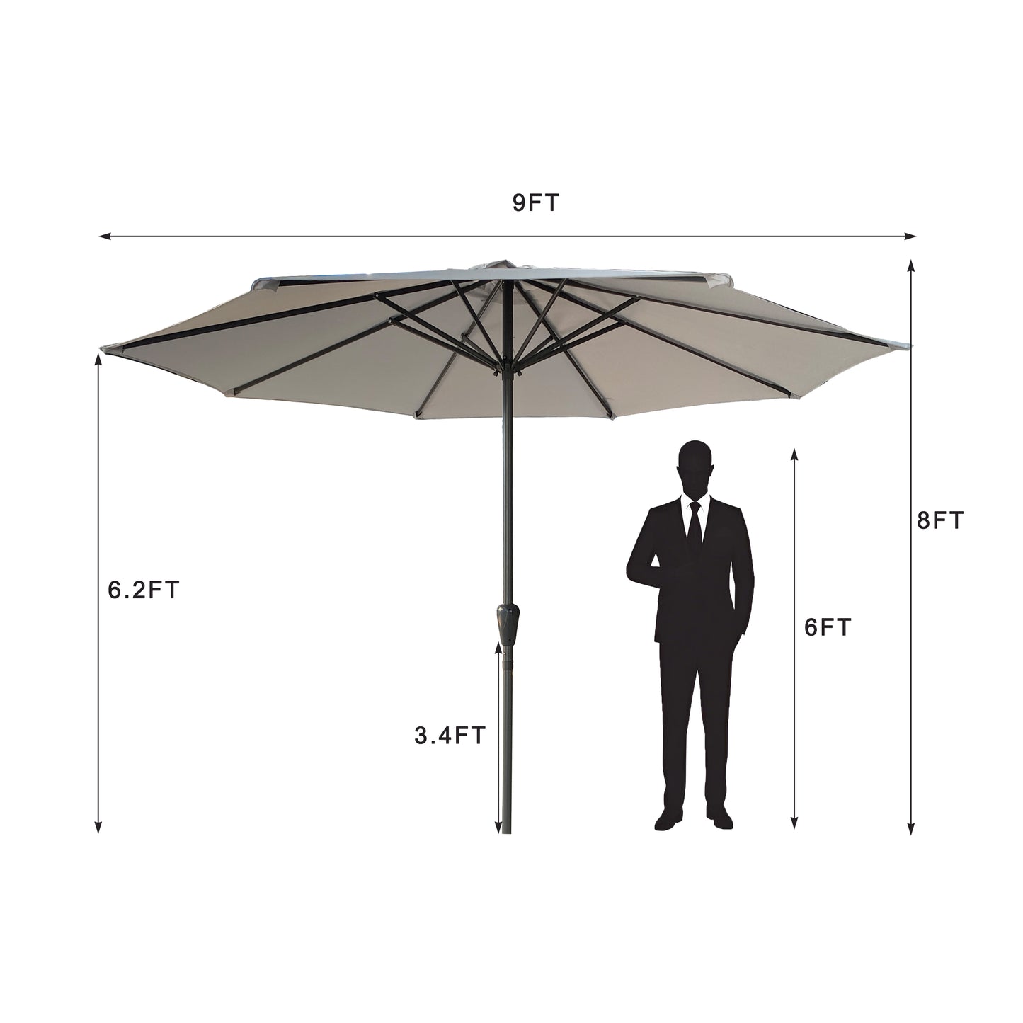 9' Outdoor Patio Aluminum Umbrella, Outdoor Table Umbrella,Market Umbrella with 8 Sturdy Ribs, UV 50+ Protection,  Crank Perfect for Patio, Beach, Garden - Gray without base