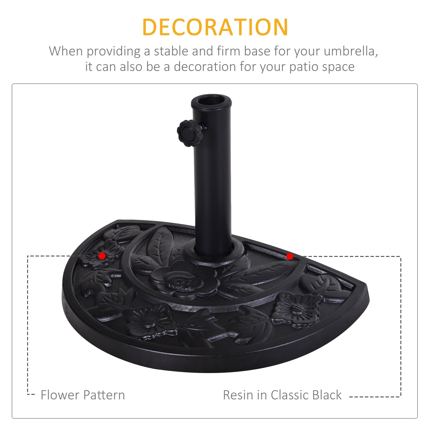 Outsunny 20lbs Half Round Patio Umbrella Base Outdoor Decorative Resin Parasol Stand Holder for Φ1.5", Φ1.9" Pole, for Lawn, Deck, Backyard, Garden, Black