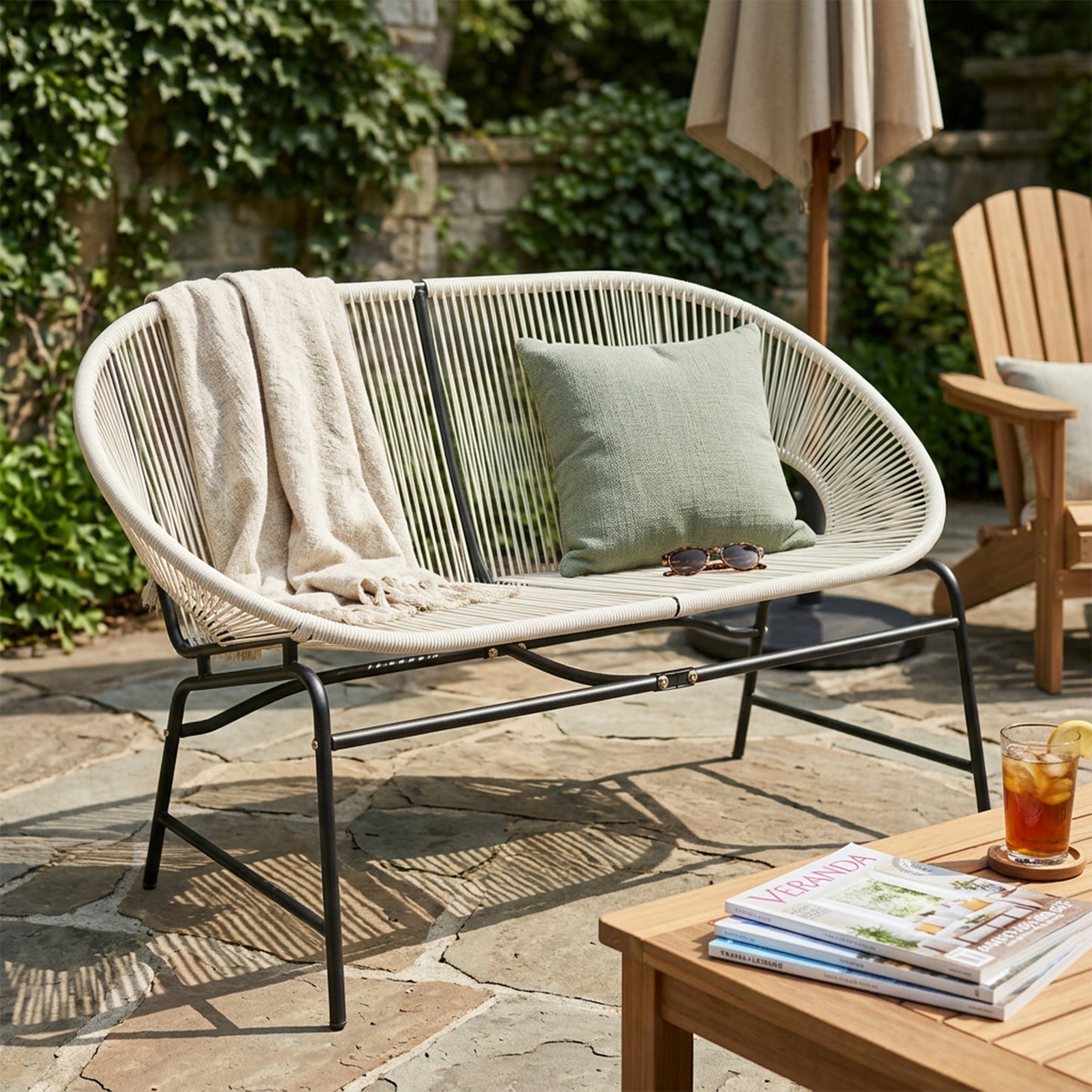 CONDESSA OUTDOOR PATIO WICKER LOVE SEAT, WHITE PE RATTAN &  IRON FRAME, SET OF 1