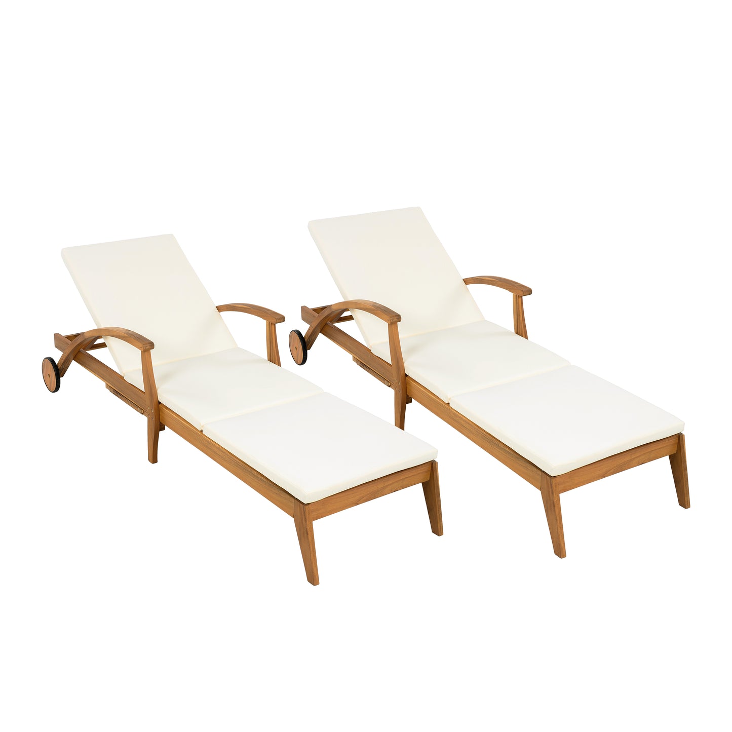 CHAISE LOUNGE WITH WHEEL - ACACIA WOOD RECLINER FOR PATIO/GARDEN, WITH 2INCH WHITE CUSHION, 4-POSITION ADJUSTABLE BACKREST, VERSATILE OUTDOOR FURNITURE