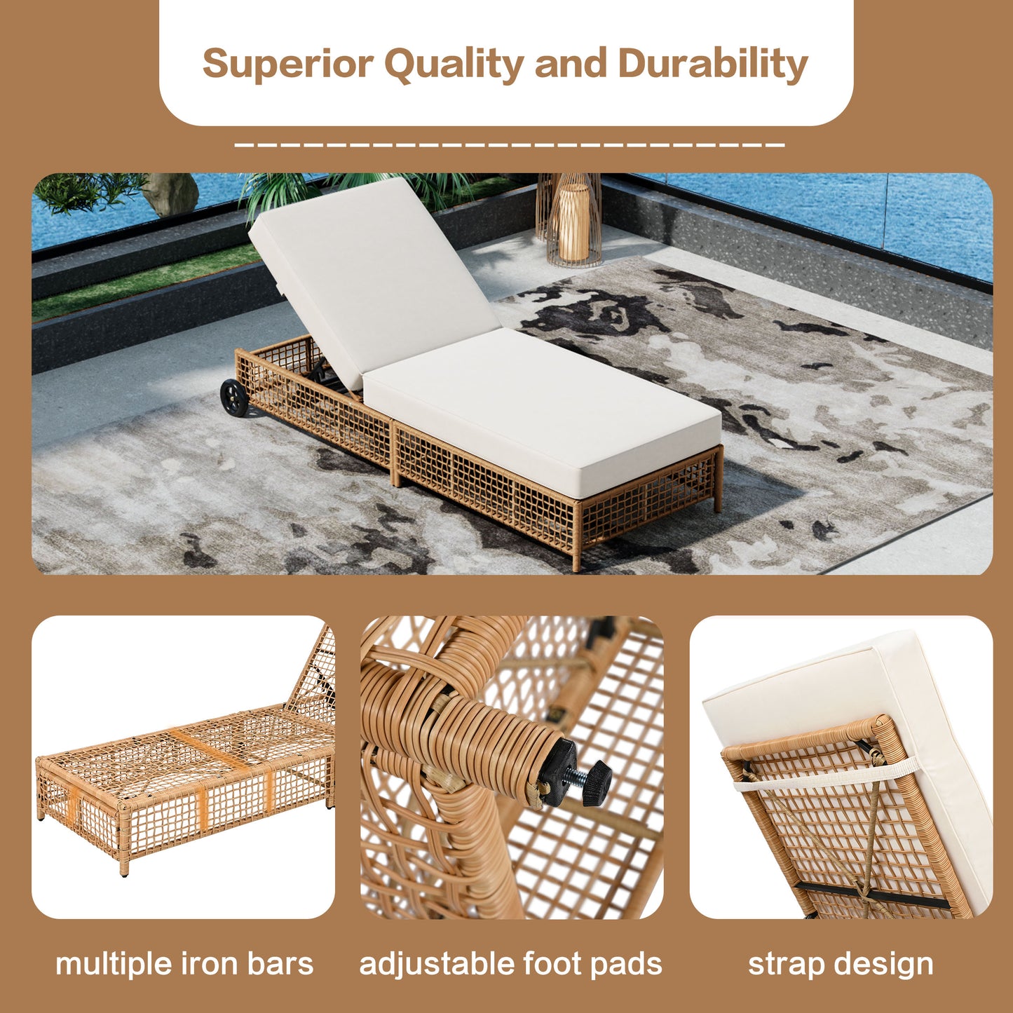 TREXM Outdoor Lounge Chair, Patio Chaise Lounge with 5-Position Backrest, Rattan Outdoor Lounge Chair with Cushion and Wheels for Poolside, Backyard, Garden (Natural+Beige)