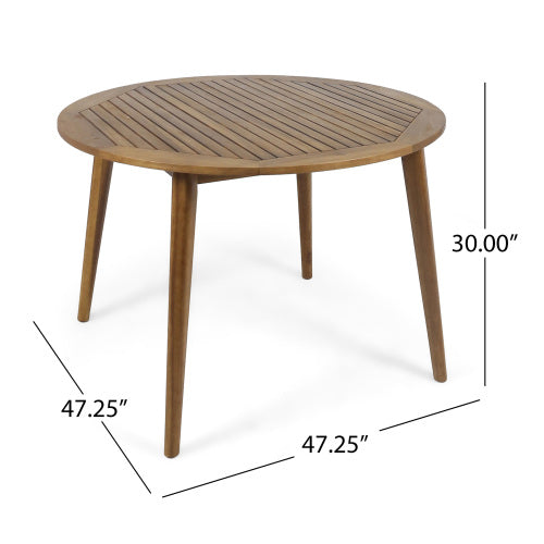 47.25" Round Acacia Wood Dining Table with Teak Finish, Modern Slatted Patio Table for Indoor & Outdoor Use