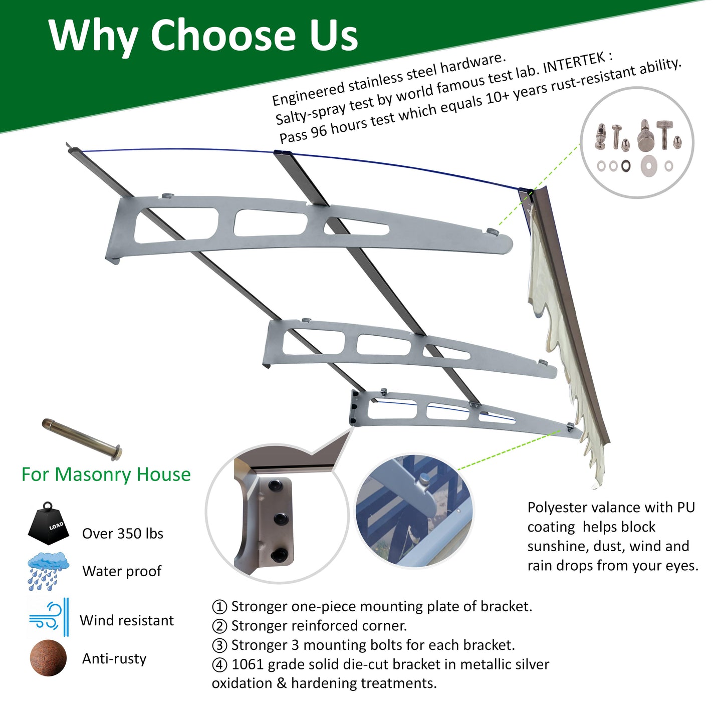 DA7934C Series Door Window Awning Canopy Made of 0.137Inch Thick Crystal Solid Polycarbonate Sheet and Aluminum Alloy with Valance in size of 79" Wide x 34" Deep for Masonry Concrete Wall House only.