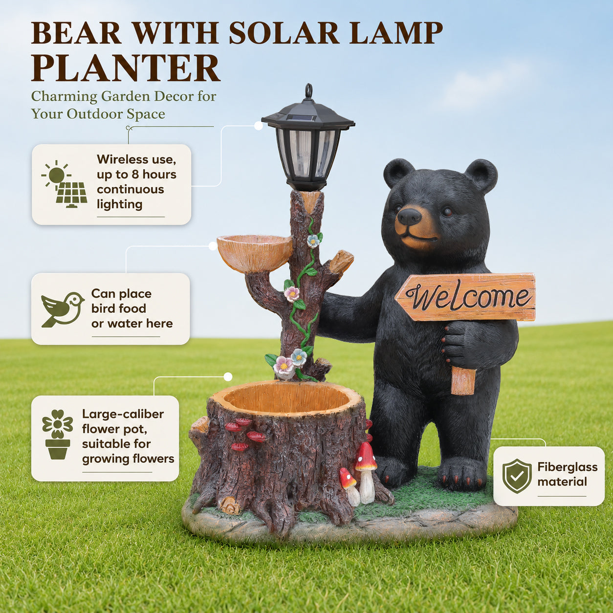 Decorative Standing Black Bear Garden Planter with Solar-Powered Lantern - Polyresin Bear Figurine and Flower Pot for Outdoor Lawn & Yard Decor