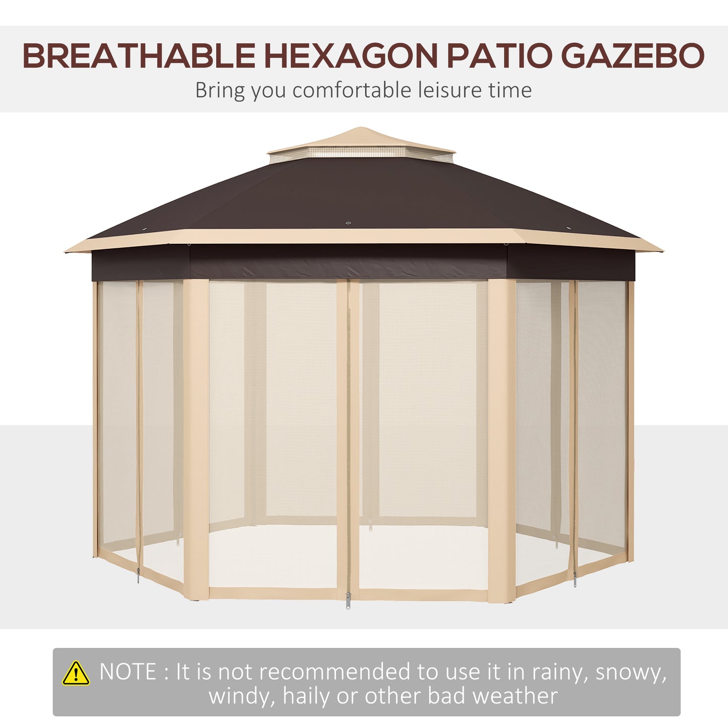 Outsunny 13' x 13' Pop Up Gazebo, Hexagonal Canopy Shelter with 6 Zippered Mesh Netting, Event Tent with Strong Steel Frame for Patio, Backyard, Garden, Wedding, Party, Beige