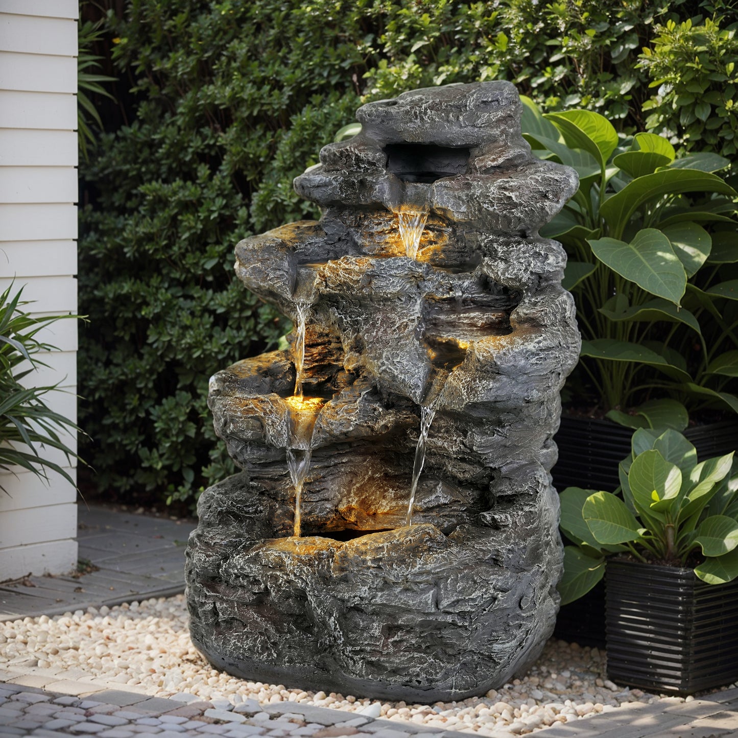 5-Tiered Concrete Tall Slim Fountain, 23.85"H –LED-Lit Column, Space-Saving Modern Outdoor Accent, All-Weather Resistant