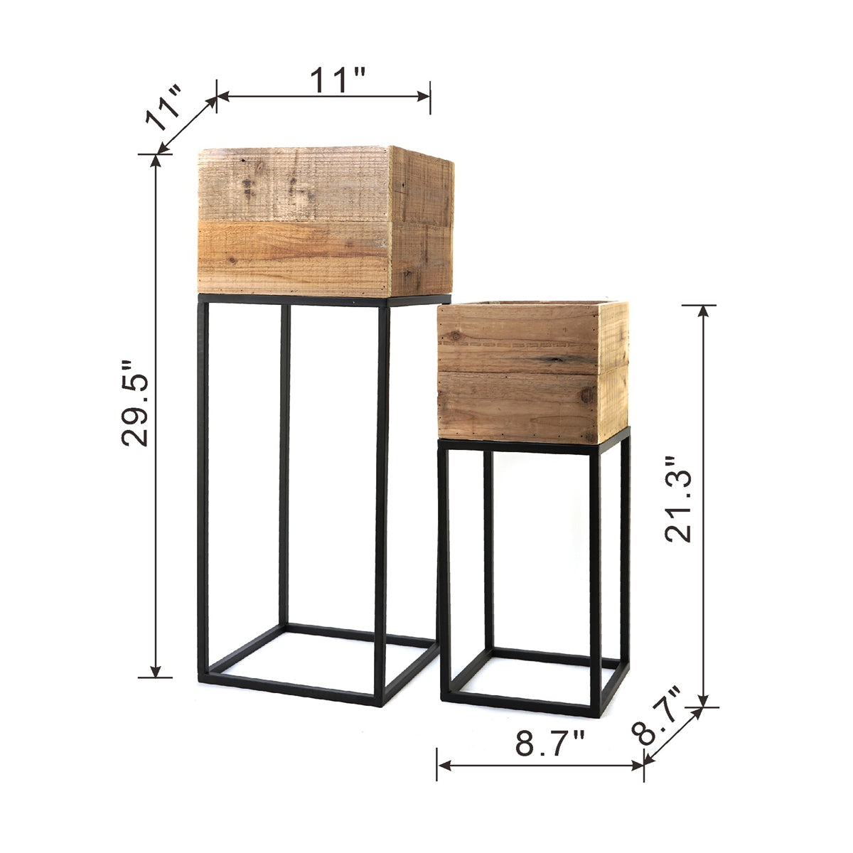 Set of 2 Reclaimed Wooden Box With Black Iron Stand, L:11x11x29.5" S:8.5x8.5x21.5"