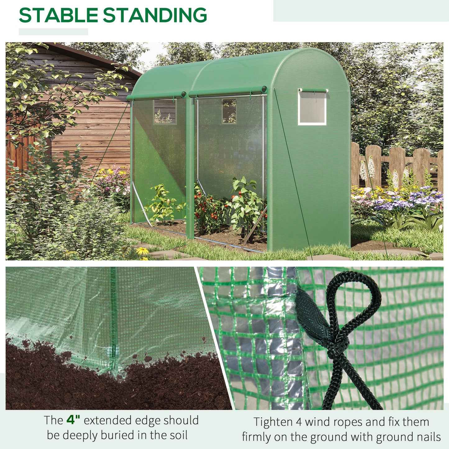 Greenhouse,Walk-in Lean-to Greenhouse,4 Zipper Roll-up Windows & 2 Doors, UV Protecting PE Cover