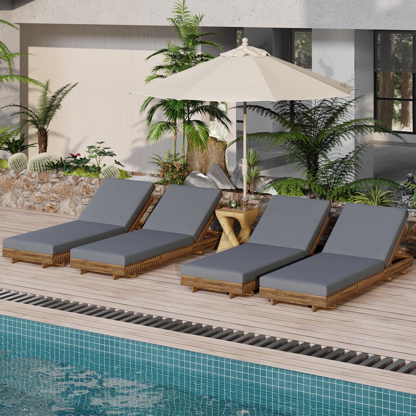Lounge chaise Set, Acacia solid wood with  LOUNGE CUSHION (Dark Grey) - Matching Cream Version Available