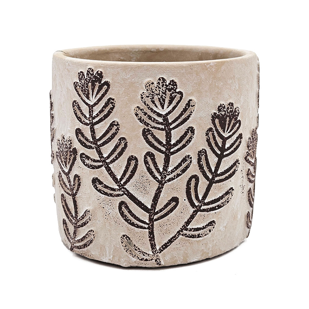 Set of 4 4.3x4.3x4" Gray Sand and Cement Planters with Brown Botanical Motifs