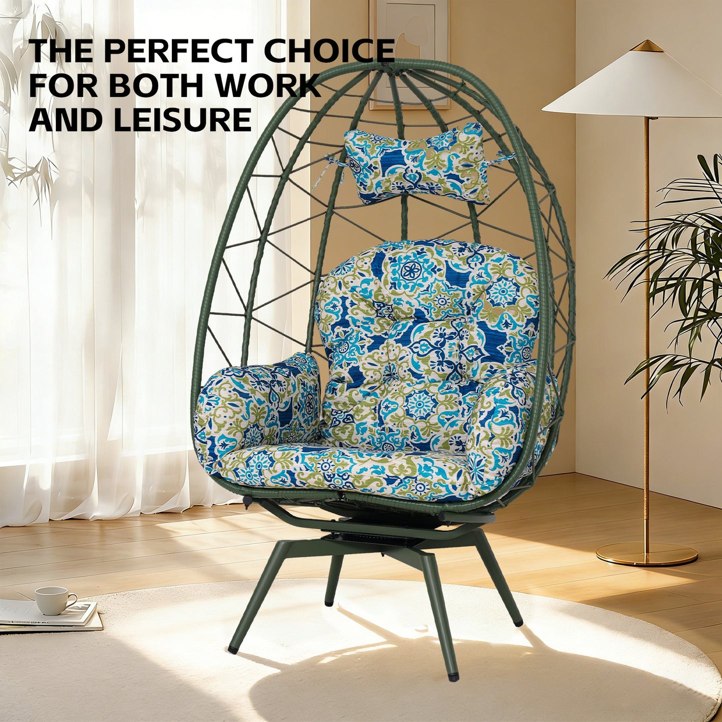 Oversized 360° Swivel Rattan Egg Chair Wicker Indoor Outdoor Patio Lounge Chair with Removable Thick Cushions