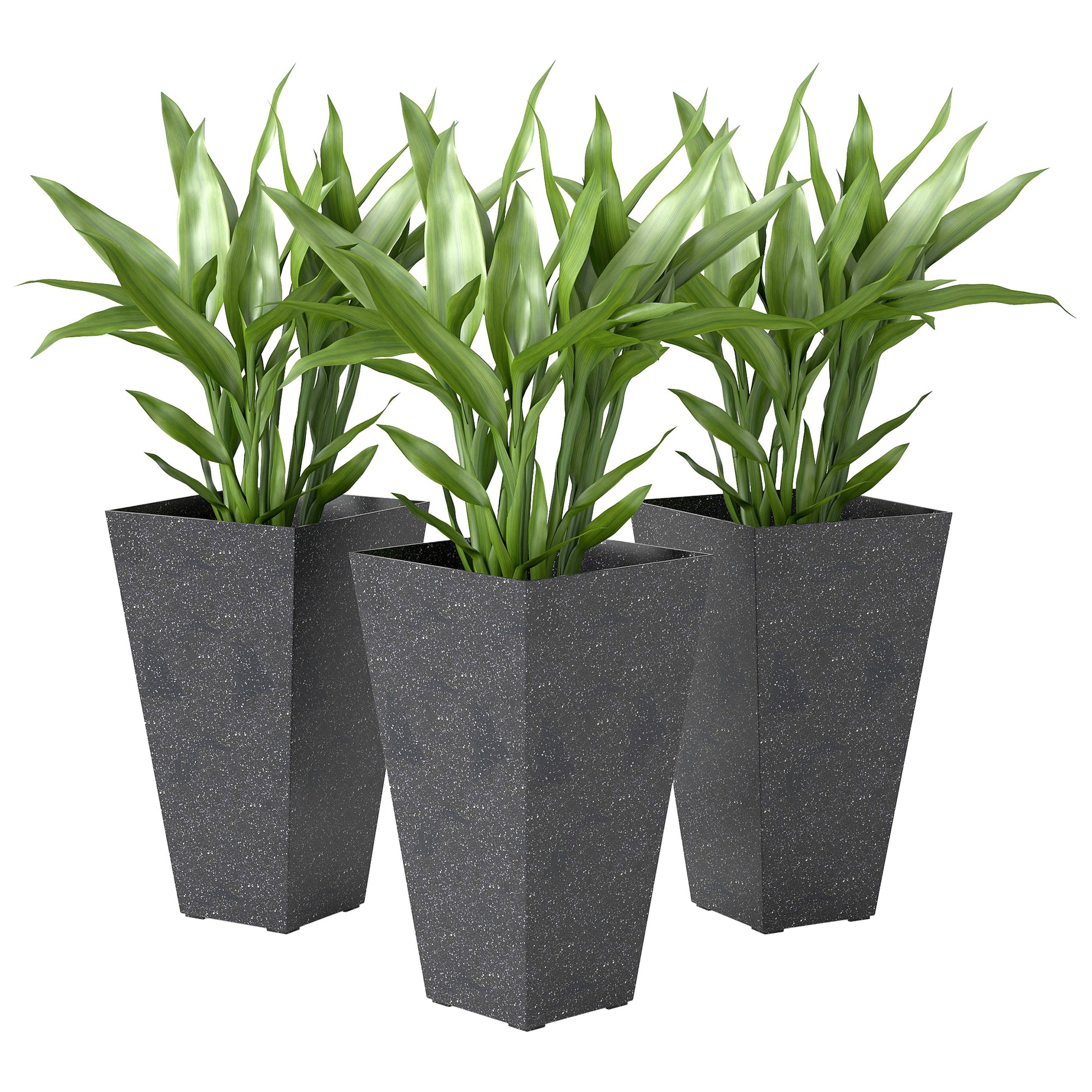 Outsunny 28" Tall Planters, Set of 3 Plastic Flower Pots with Marble Finish and Drainage Holes, Stackable Tapered Outdoor Planters, Black