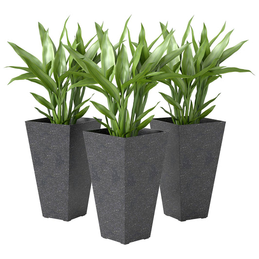Outsunny 28" Tall Planters, Set of 3 Plastic Flower Pots with Marble Finish and Drainage Holes, Stackable Tapered Outdoor Planters, Black