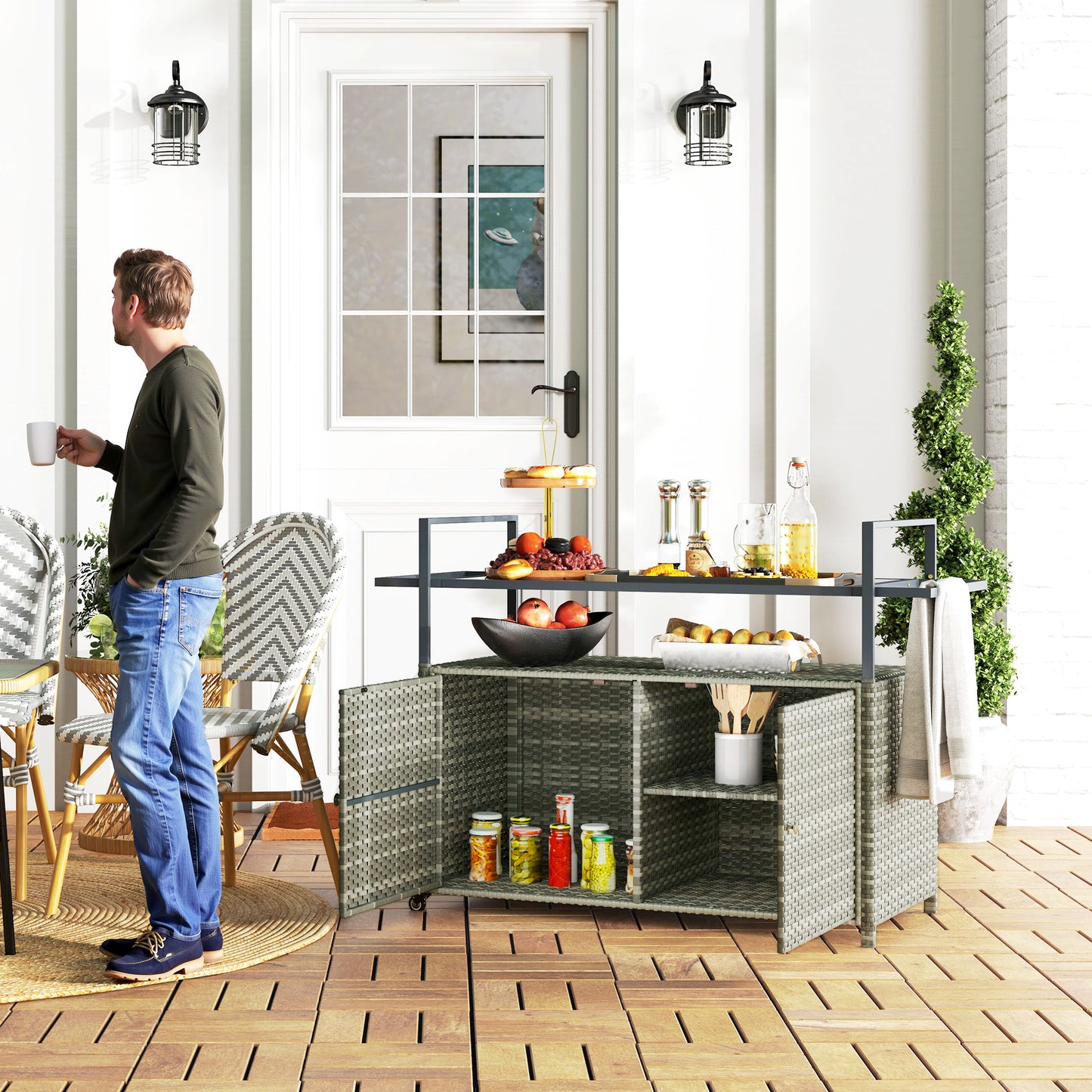 Outsunny Wicker Outdoor Bar Table with 2-Tier Shelf & Cabinet, Mixed Gray