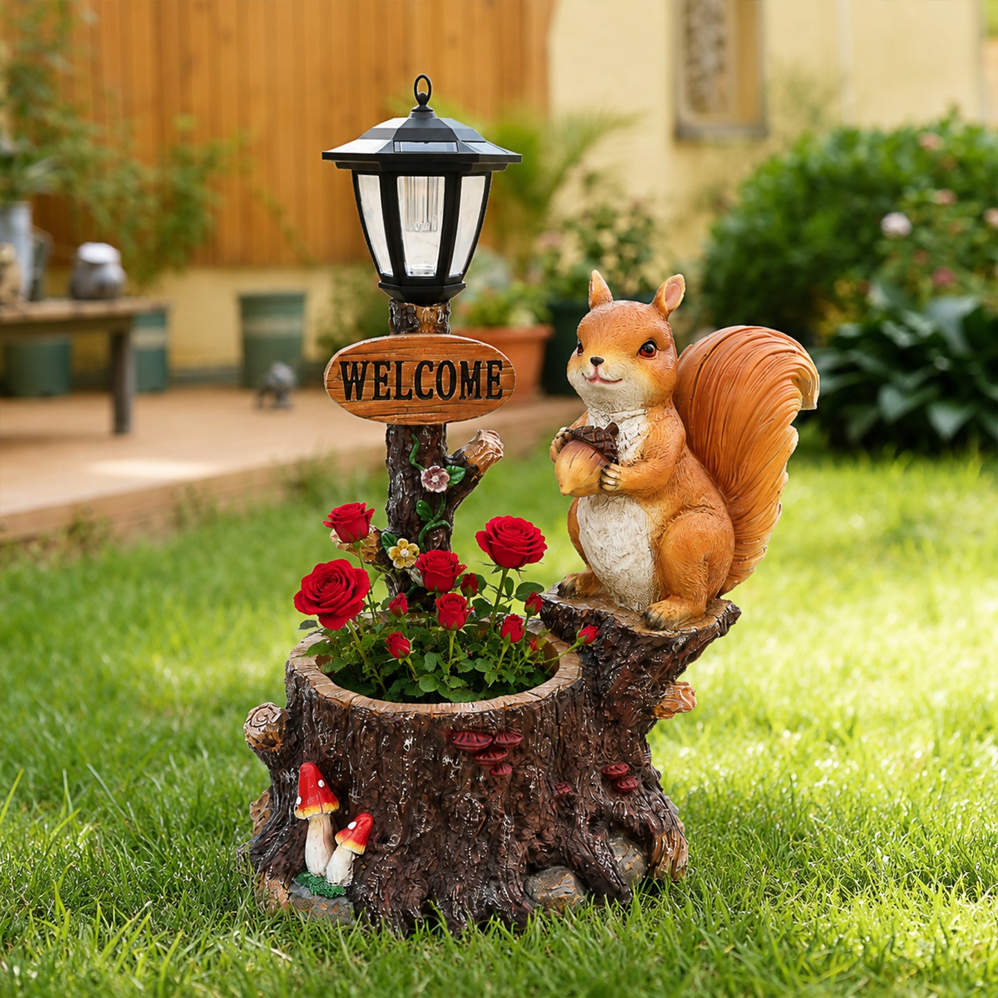 Cute Squirrel Garden Planter with Decorative Lantern - Polyresin Animal Figurine with Faux Oil Lamp for Outdoor Patio & Yard Decor