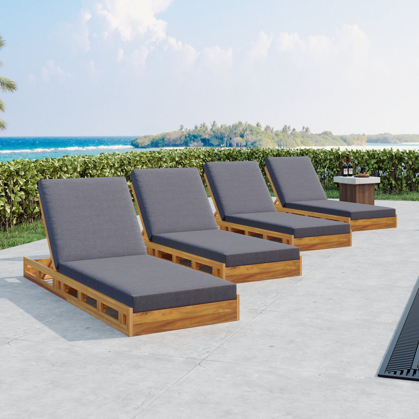 LOUNGE CHAISE SET, ACACIA WOOD WITH WATER-RESISTANT LOUNGE CUSHIONS (Dark Grey/ & 4 INCH THICK) - MATCHING CREAM VERSION AVAILABLE