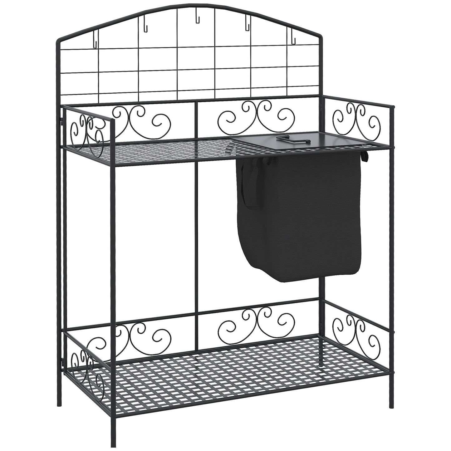 Outsunny Folding Potting Bench Table, Metal Garden Workstation, Work Bench with Large Build-In Bag with Cover, 5 Hanging Hooks & Storage Shelf, Flourishes