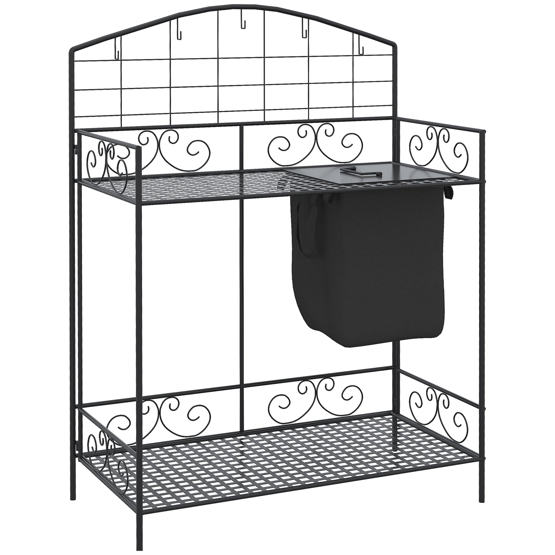 Outsunny Folding Potting Bench Table, Metal Garden Workstation, Work Bench with Large Build-In Bag with Cover, 5 Hanging Hooks & Storage Shelf, Flourishes
