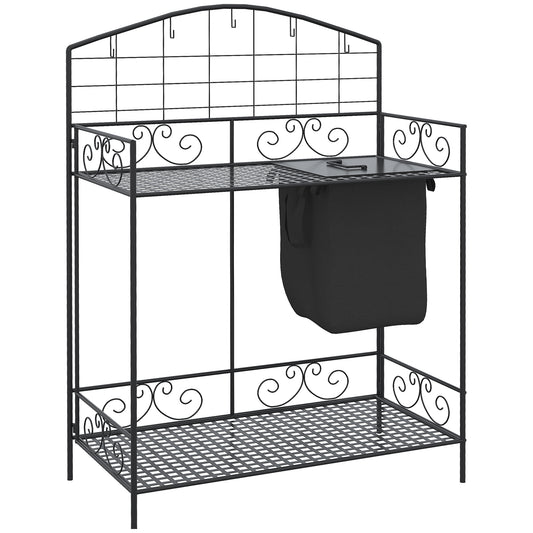 Outsunny Folding Potting Bench Table, Metal Garden Workstation, Work Bench with Large Build-In Bag with Cover, 5 Hanging Hooks & Storage Shelf, Flourishes