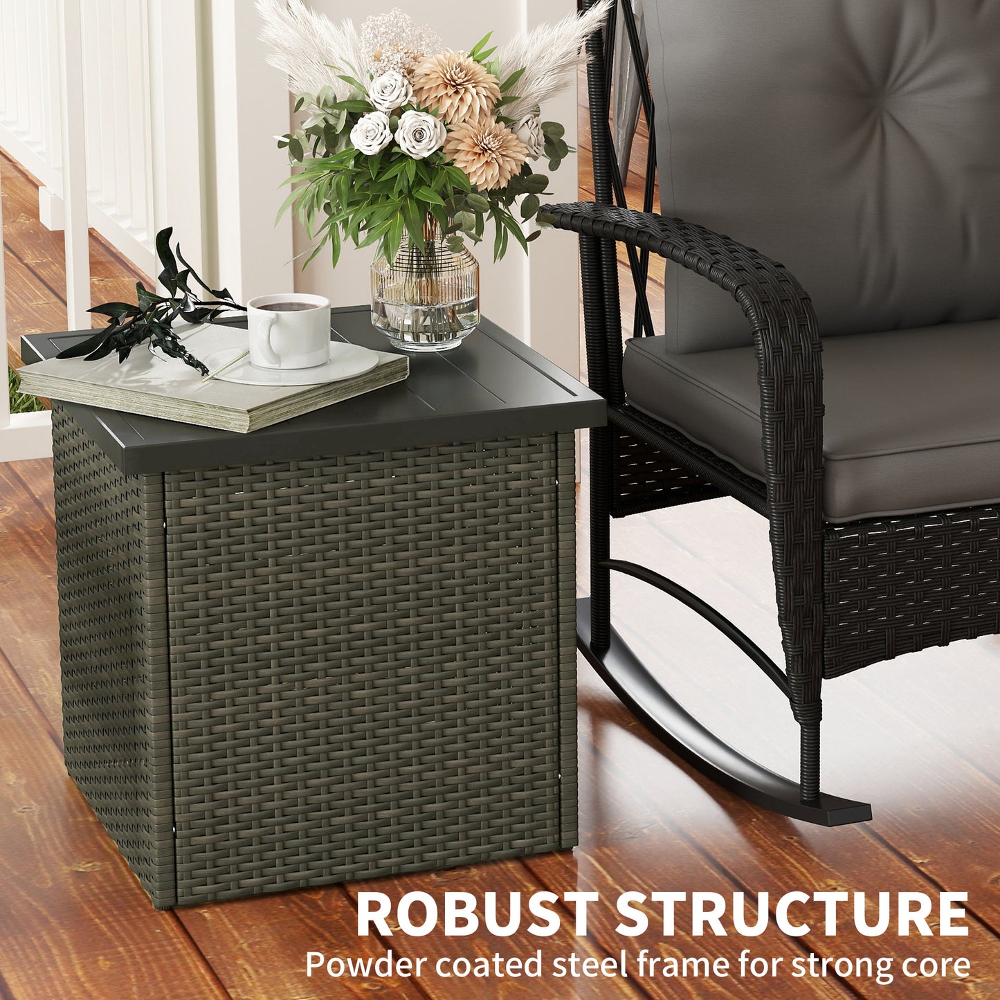 Outsunny All Weather Wicker Side Table with 1.5" Umbrella Hole, Square Outdoor End Table with UV-Resistant Frame, Storage Space for Patio, Mixed-Brown
