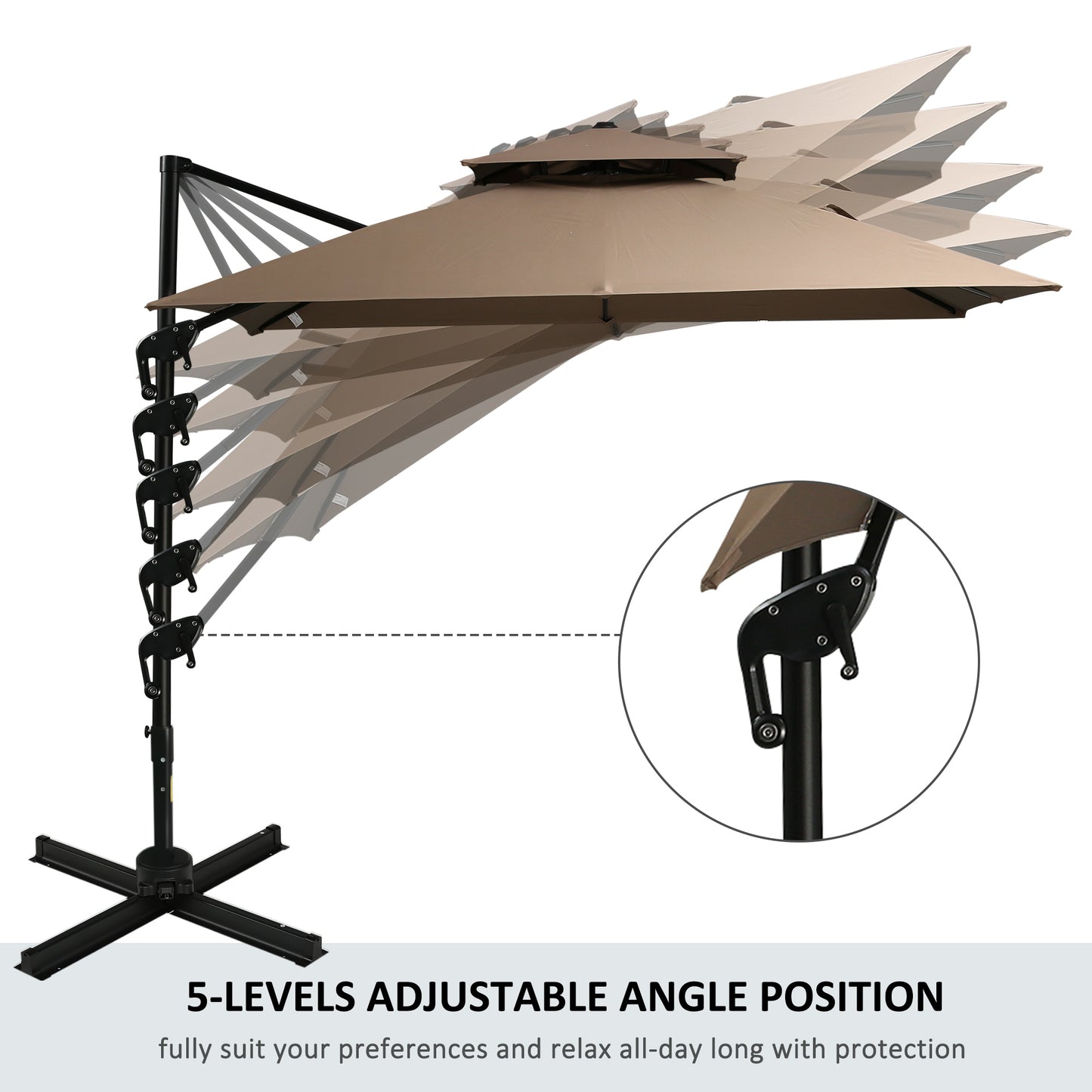 Outsunny 10ft Offset Patio Umbrella with Base, Double Top Hanging Aluminum Cantilever Umbrella with 360-degree Rotation, Easy Tilt, 8 Ribs, Crank, Cross Base, Cover, Strap, Coffee