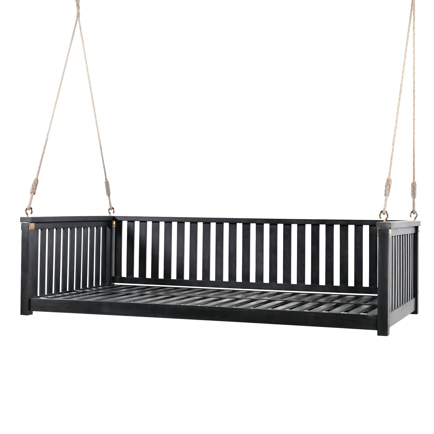 TOPMAX Patio Minimalist Twin Size Garden Swing Bed Wood Porch Swing with Ropes for Backyard, Safe Sloped Design, Black