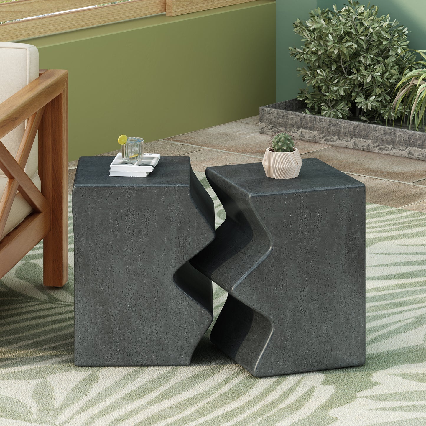 MGO Side Table, Set of 2 Rectangular Outdoor Side Tables, Decorative Garden Stools for Indoor Outdoor, Accent Table Patio Side Table End Table w Spotted, Stone Gray Color