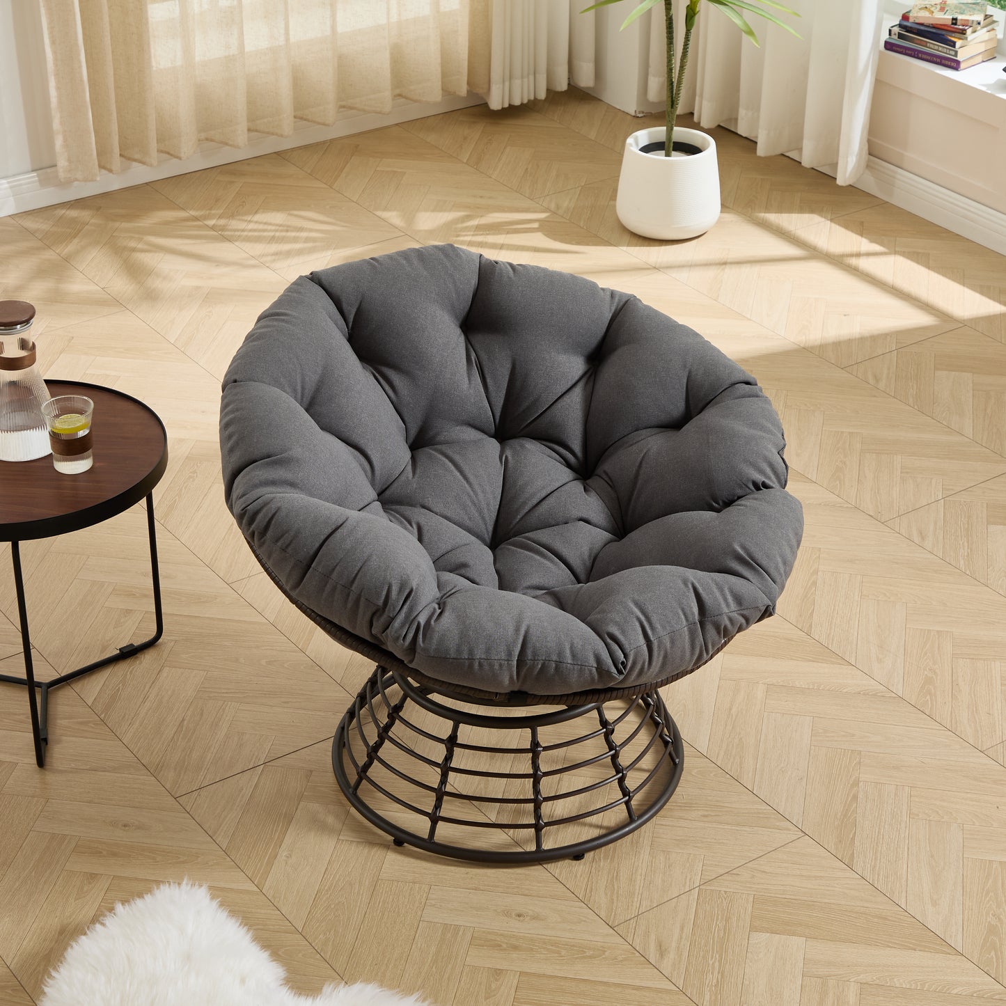 Comfortable Ergonomic Wicker Papasan Chair, 360° Swivel Indoor Outdoor Rattan Chair with Soft Thick Cushion, Ideal for Living Room, Bedroom, Reading Room, Brown Frame with Grey Cushion