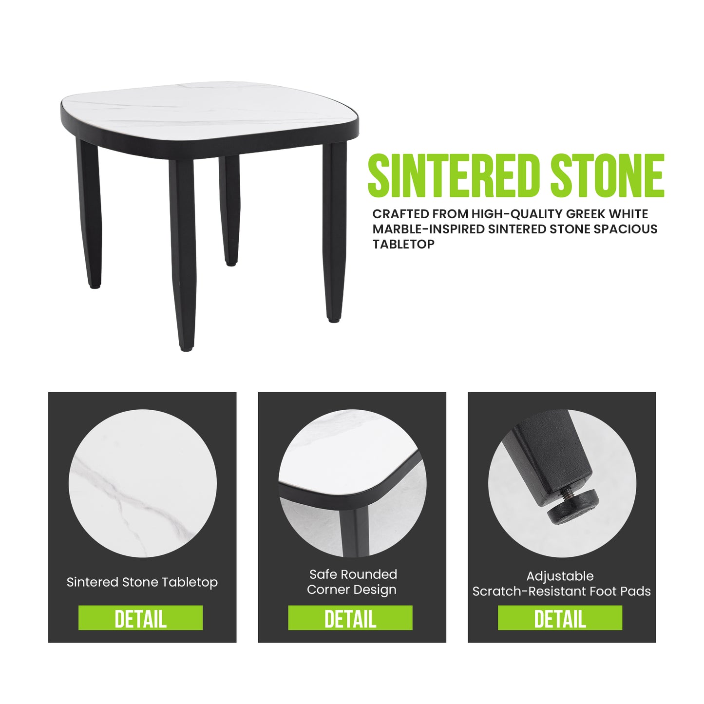 Modern Outdoor Elegance Arc 23.6''Side Table with Greek White Marble-Inspired Sintered Stone Top, Aluminum Frame,Ember Black Finish, Post Tapered Legs & Rounded Corners,Weatherproof & Rust-Free