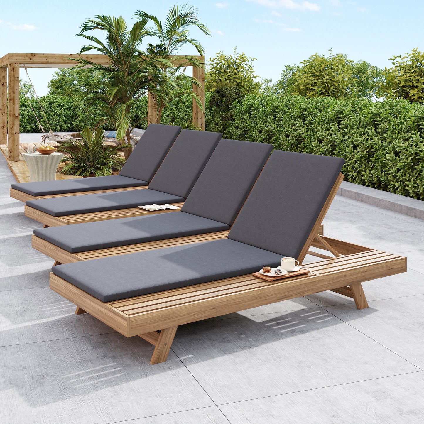 Lounge Chaise Set, Space Available On One Side, Acacia Wood In light brown With Water-Resistant Lounge Cushions (Dark Grey & 2 Inch Thick) – Matching Cream/Leaf Coconut Version Available