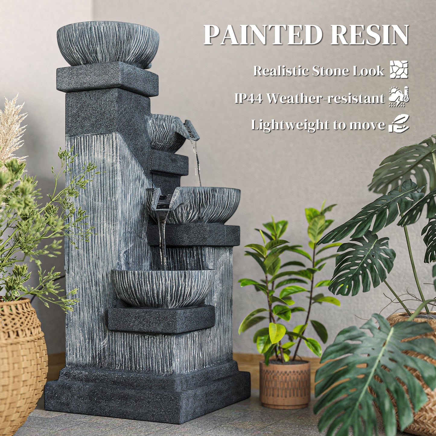 Outsunny 33.5" Outdoor Water Fountain, 4-Tier Floor Standing Resin Cascading Bowls Waterfall Fountain with LED Lights, Pump