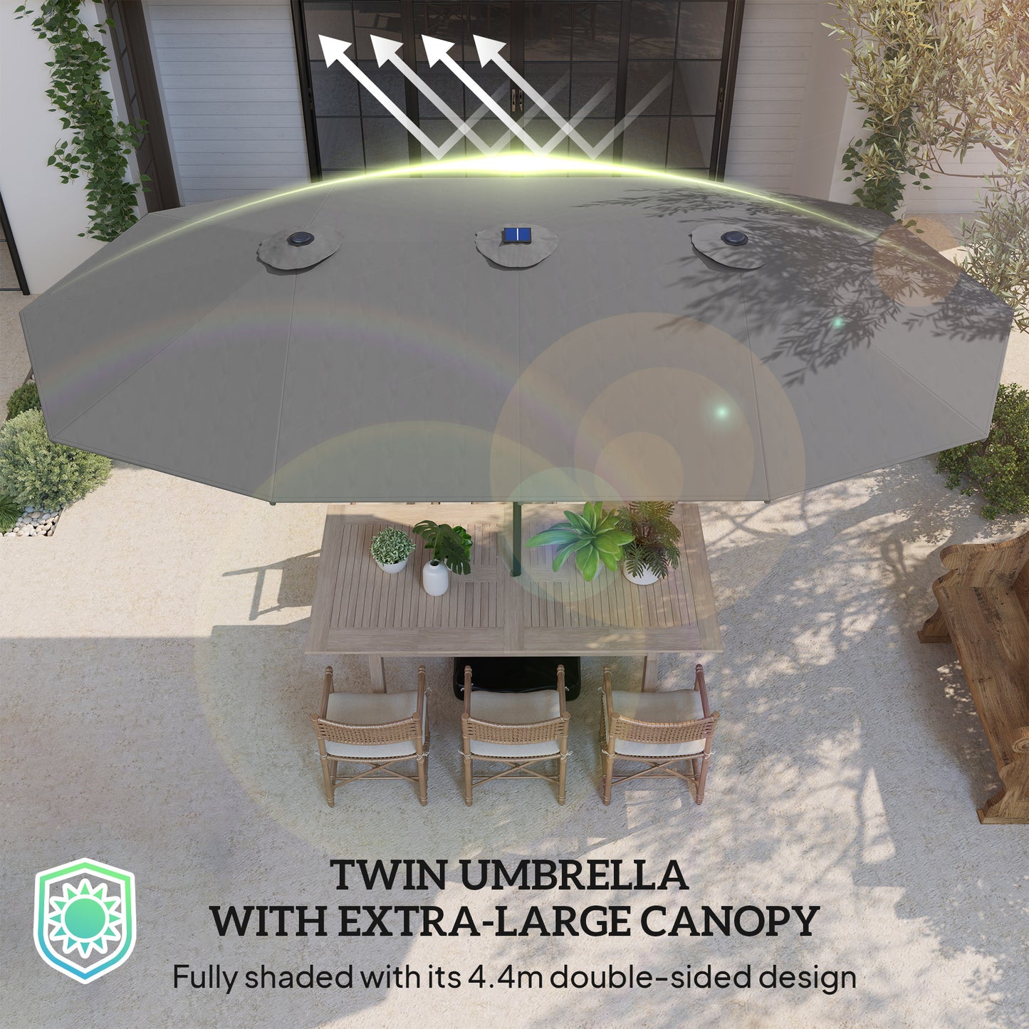 Outsunny Double-Sided Sun Umbrella, Outdoor Garden Parasol, Patio Sun Shade with LED Solar Light, Sand Base, Gray