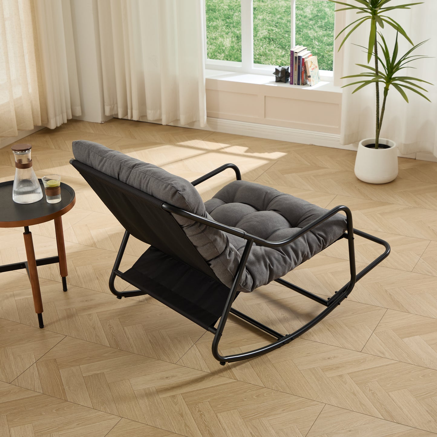 Outdoor Rocking Chair, Comfy Cushion, with Soft Thick Cushion,for Living Room, Bedroom, Reading Room, Black Frame with Grey Cushion