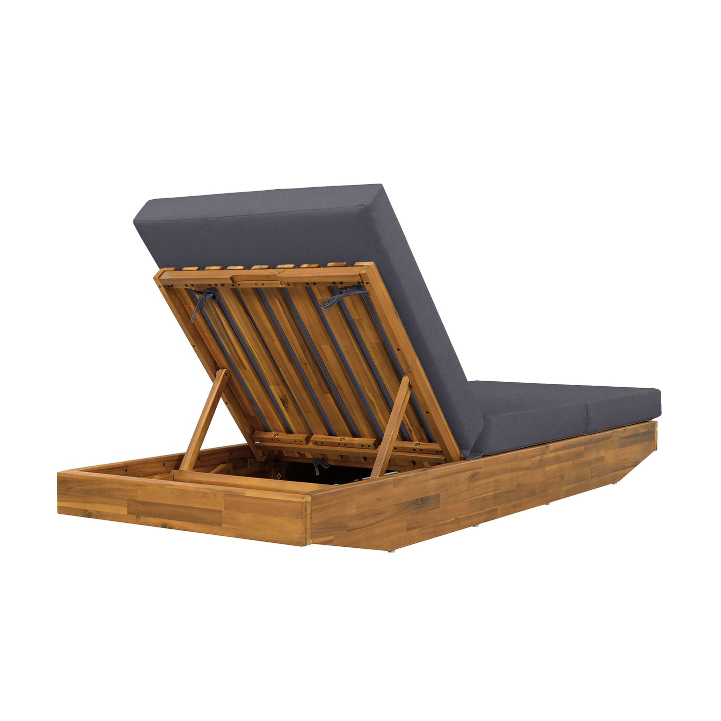 Acacia Wood Chaise Lounge with Cushion - Teak Finish Outdoor Recliner with Dark Grey 3-Fold Water-Repellent Cushion, 300lbs Capacity