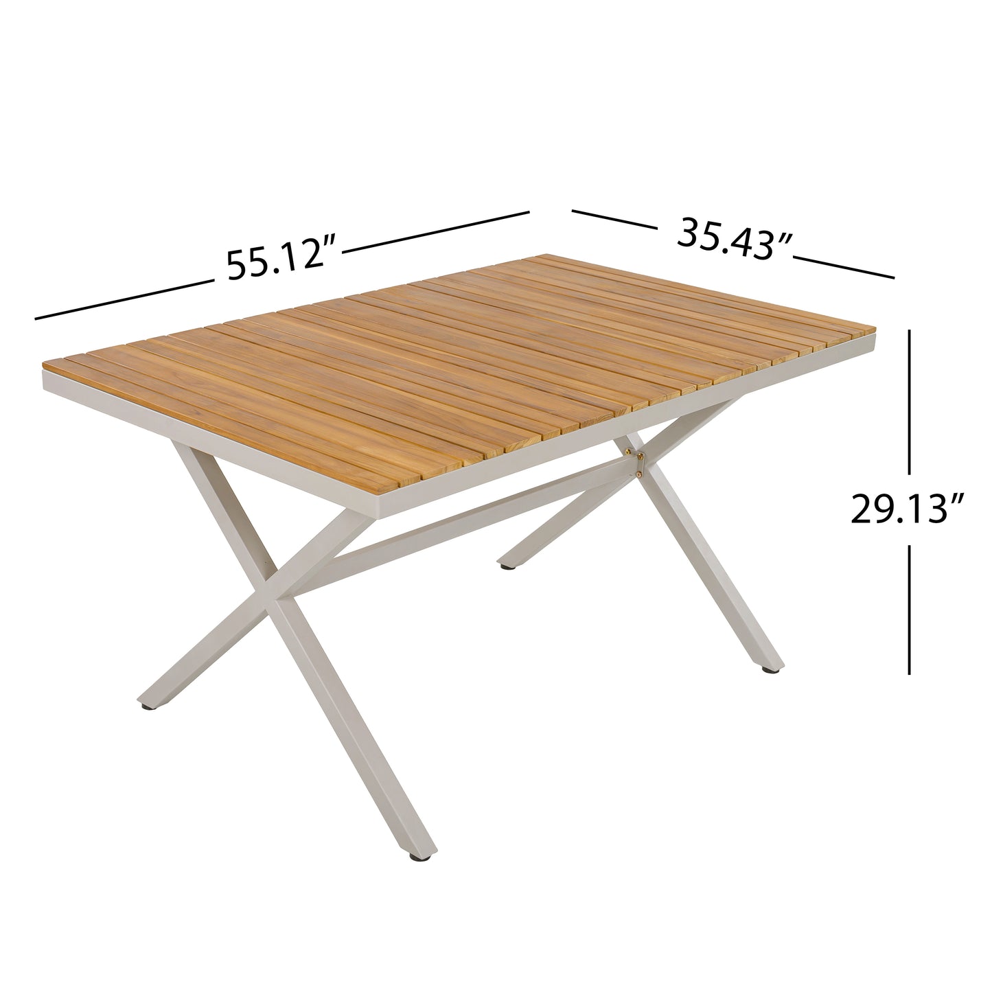 Teak Wood Top with Beige Steel Frame Outdoor Dining Table, 55.12" Rectangular Patio Table with X-Shaped Legs, Weather-Resistant for Backyard, Garden, Deck and Poolside