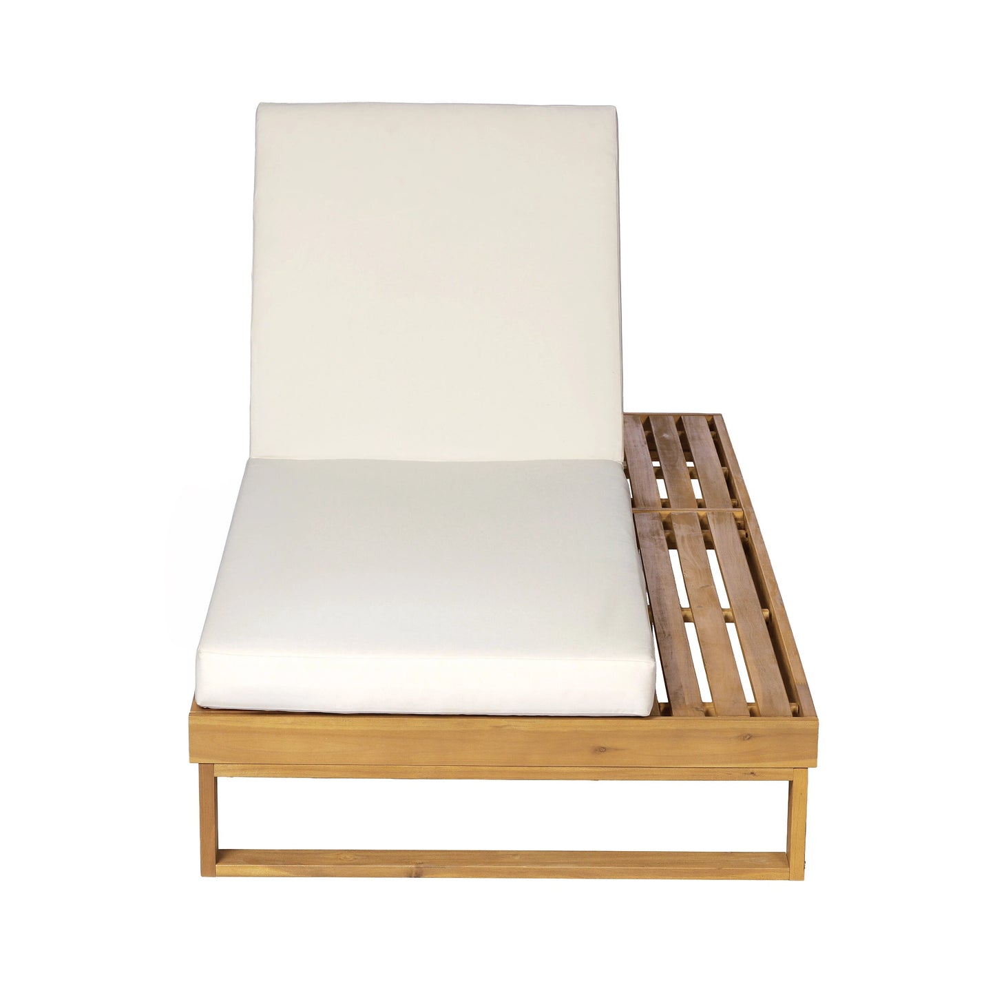 Teak Finish Acacia Wood Chaise Lounge with 4-Inch Cream 2-Fold Cushion Set, 4-Position Adjustable Outdoor Patio Lounger with Flat Side Surface, for Poolside - Matching dark grey version available