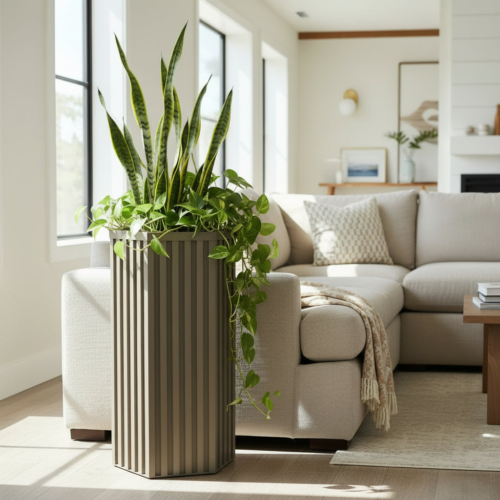 Hexagon Column Planter LG - Grey Brown