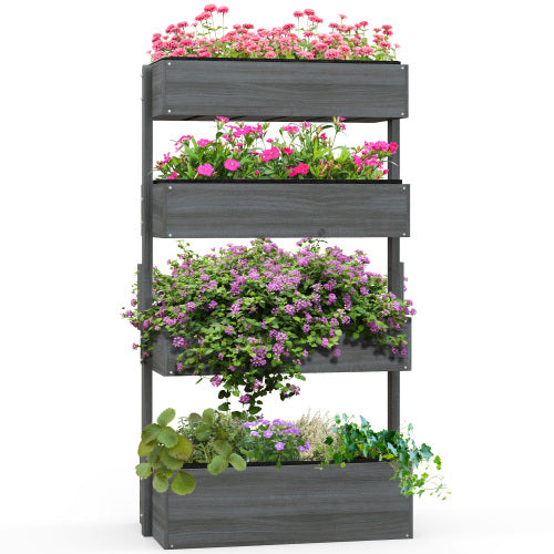 Outsunny Vertical 4 Tier Raised Garden Bed, Wooden Planter Box, Self-Draining with Bed Liner for Indoor Outdoor Flowers, Vegetables and Herbs, Gray