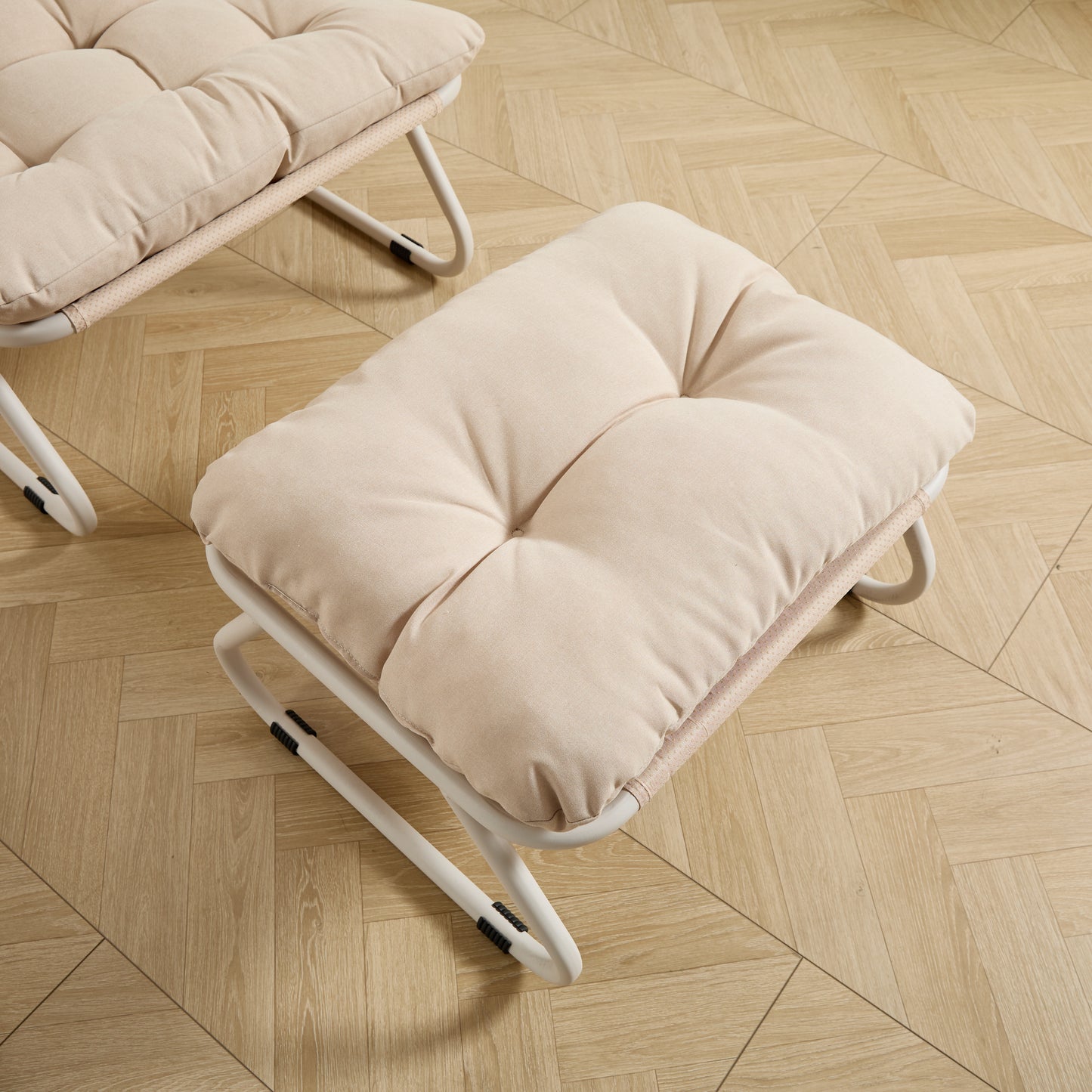 Patio Outdoor Lounge Chair with Ottoman, Comfy Sling Recliner Chair with Puffy Cushion and Foot Stool, Ideal for Living Room, Bedroom, Reading Room, Beige frame with beige cushion