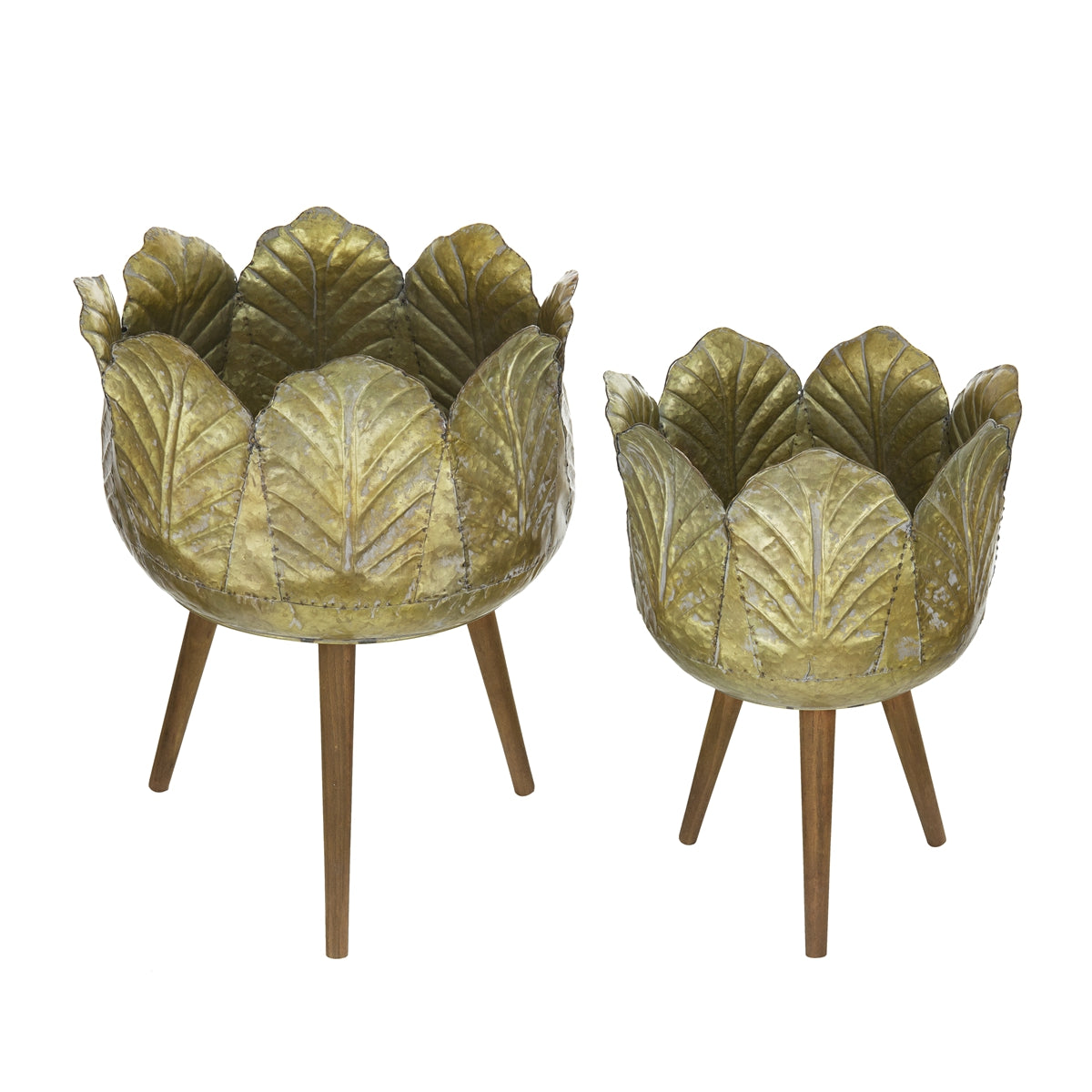 Set of 2 Metal Planter With Wood Legs Stand, L:D18.5x23.5" S:D15.7x20"