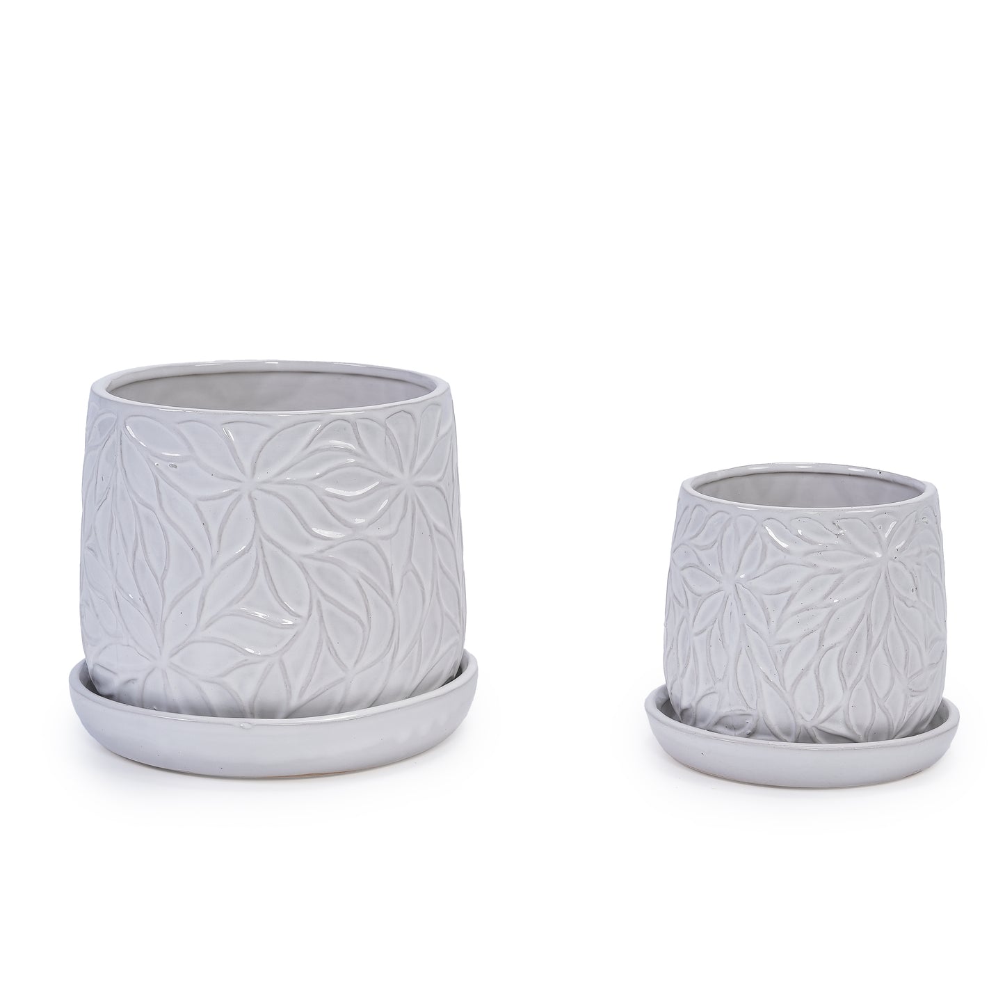 Handmade White Glossy Ceramic Planter Set of 2, 6" & 8" Diameter, Leaf Pattern Design, for Succulents and Herbs Indoor/Outdoor Shelf & Table Use, Breathable Clay with Saucers