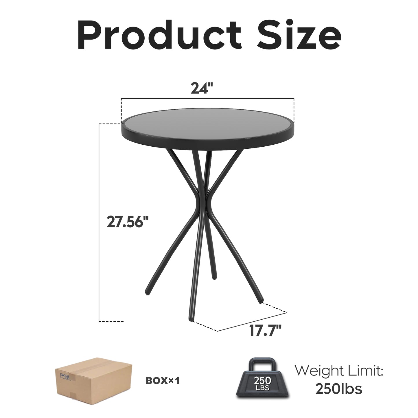 Tempered Glass Side Table 24" Round, Black Iron Frame, 10-Minute Easy Assembly, Indoor Outdoor Use for Balcony Patio Deck Small Garden