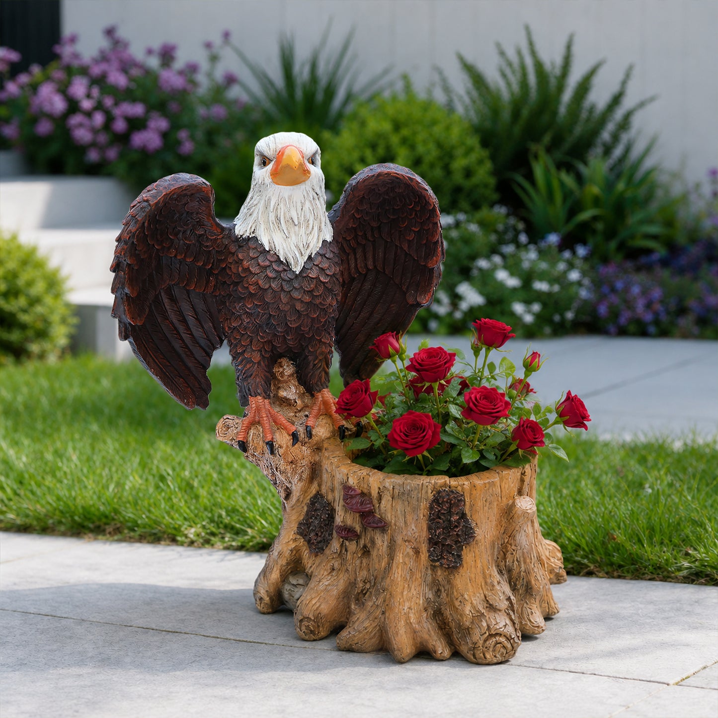 Majestic Eagle with Spread Wings Garden Planter Pot on Tree Stump Base - Durable Polyresin Decorative Flower Pot for Outdoor Patio & Lawn - Unique Wildlife Decor Gift