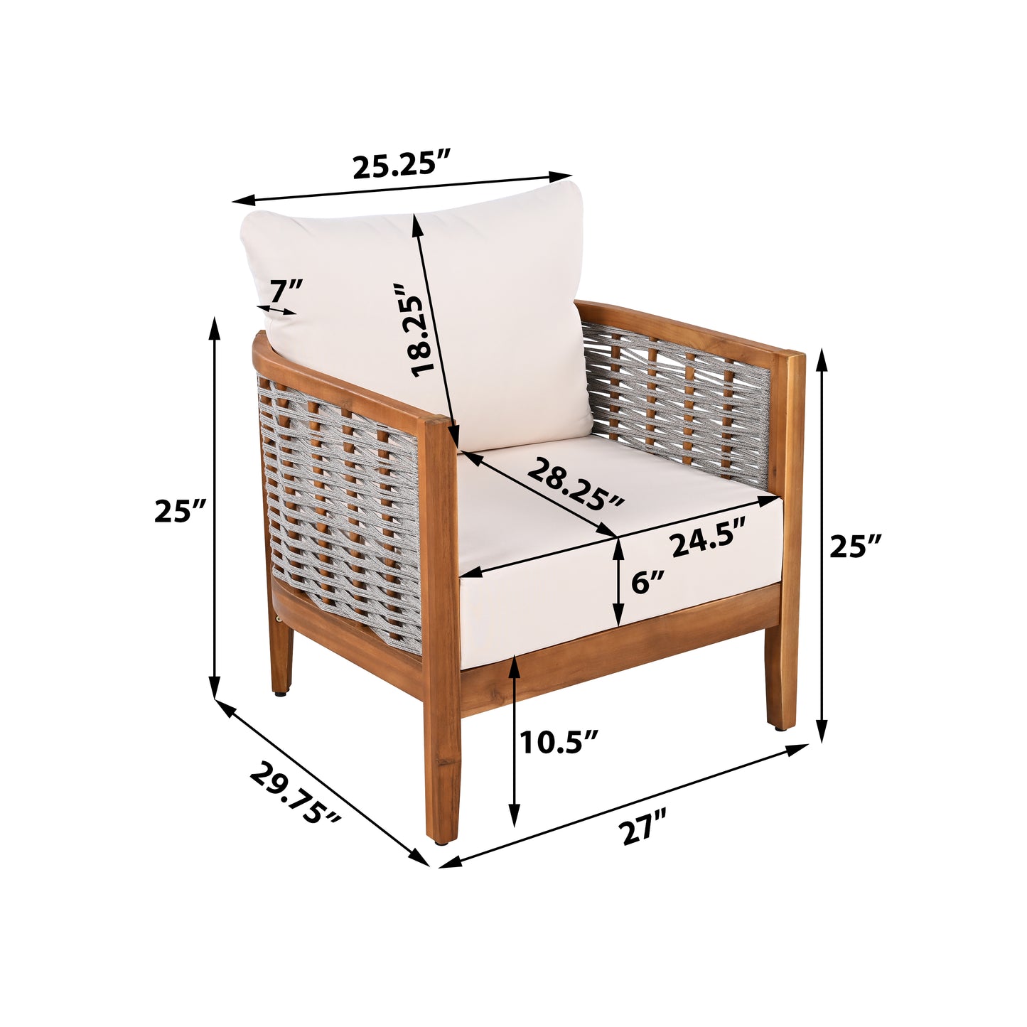 2 Pieces Outdoor Unique Tub Design Armchair with Woven Rope, Patio Furniture Acacia Wood Chair, Deep Seating with Soft Cushions for Porch, Garden, Backyard, Balcony, Teak Finish & Beige Cushion