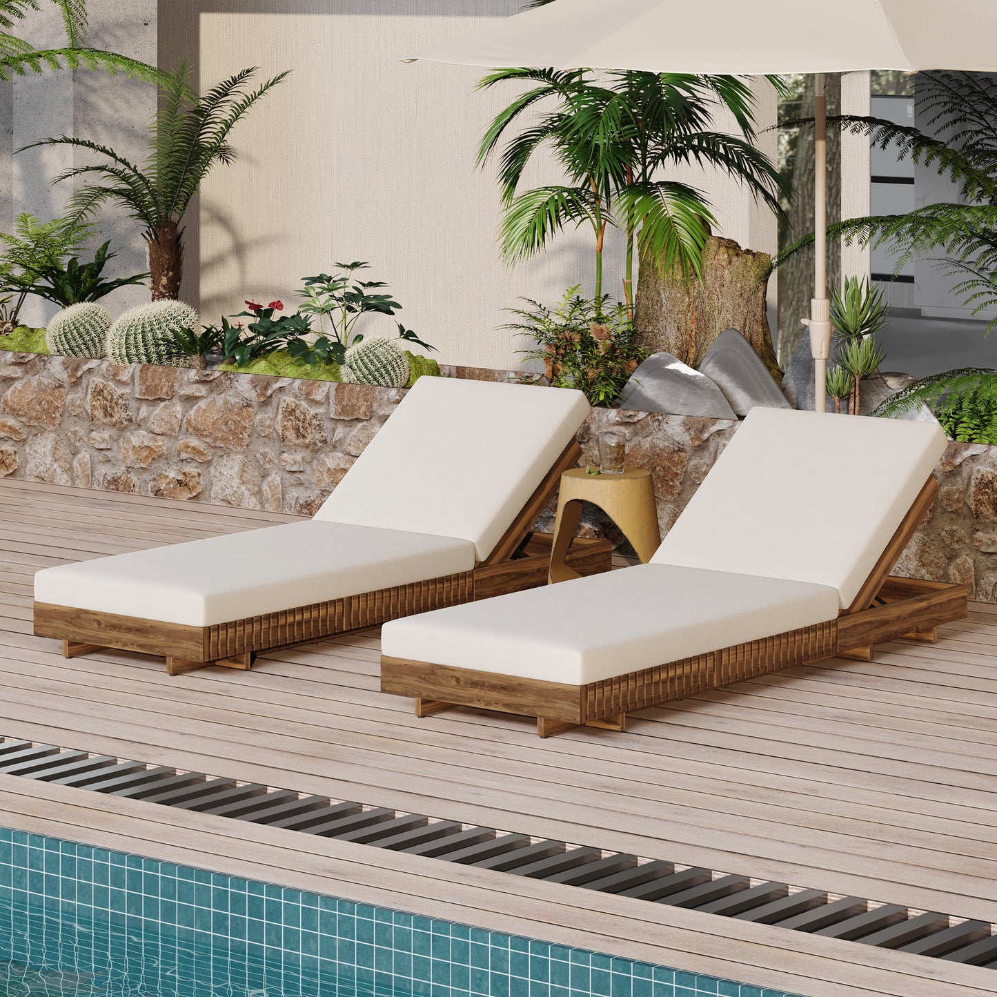 LOUNGE CHAISE SET, ACACIA SOLID WOOD WITH  LOUNGE CUSHION (Cream) - Matching Dark Grey Version Available